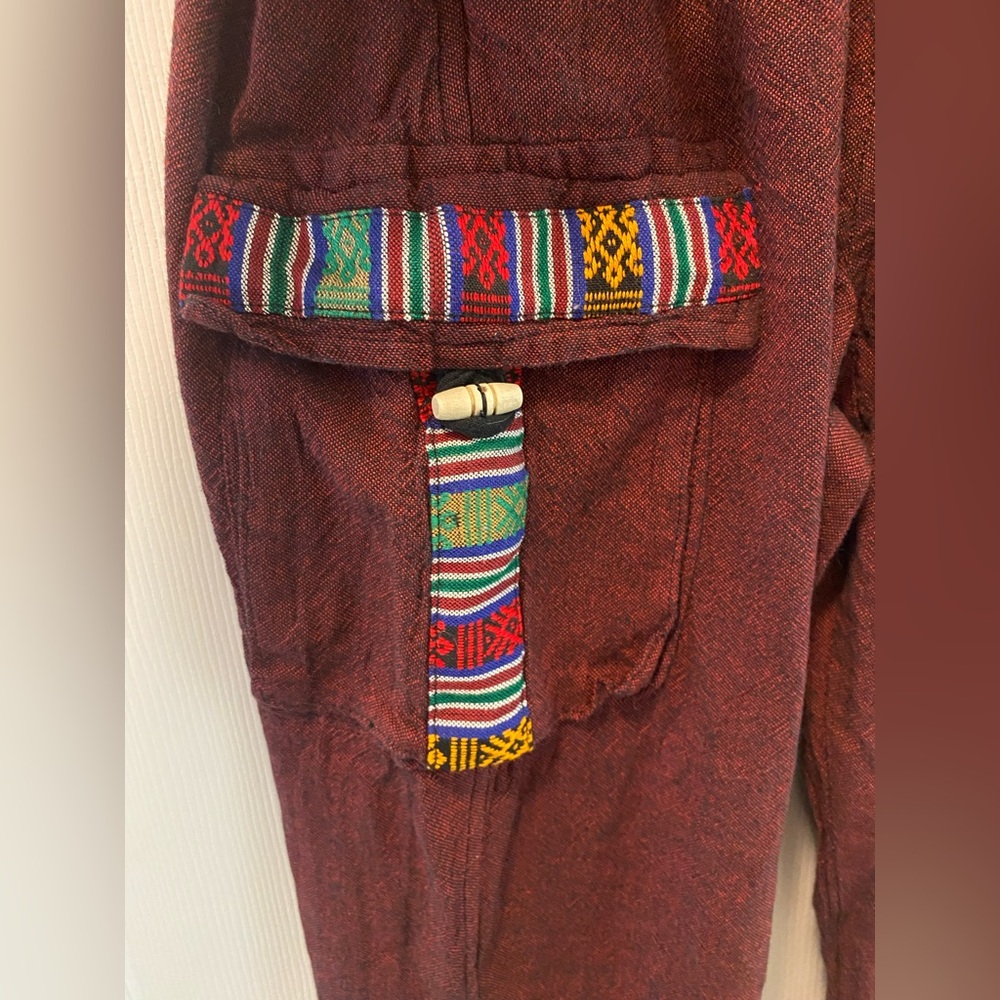 Unisex | Burgundy Embroidered Contrast Trim | Tibetan Cargo Pants | Shmedium - Picture 4 of 7